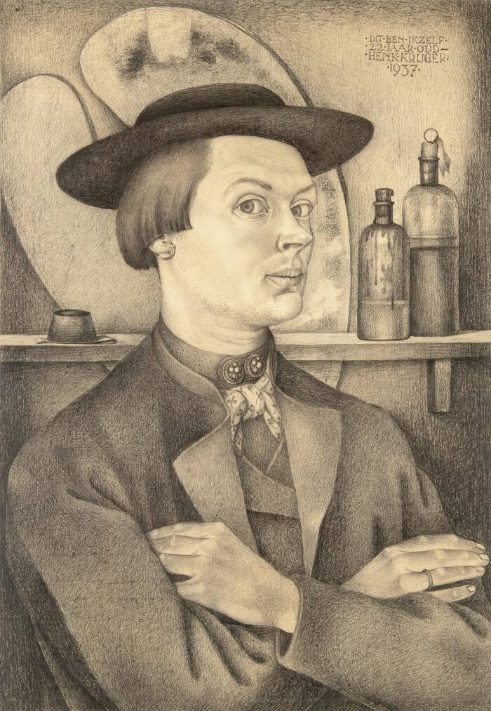 Drawing of a man wearing a hat with his hands folded over his chest, standing in front of a shelf with an artist palette and bottles